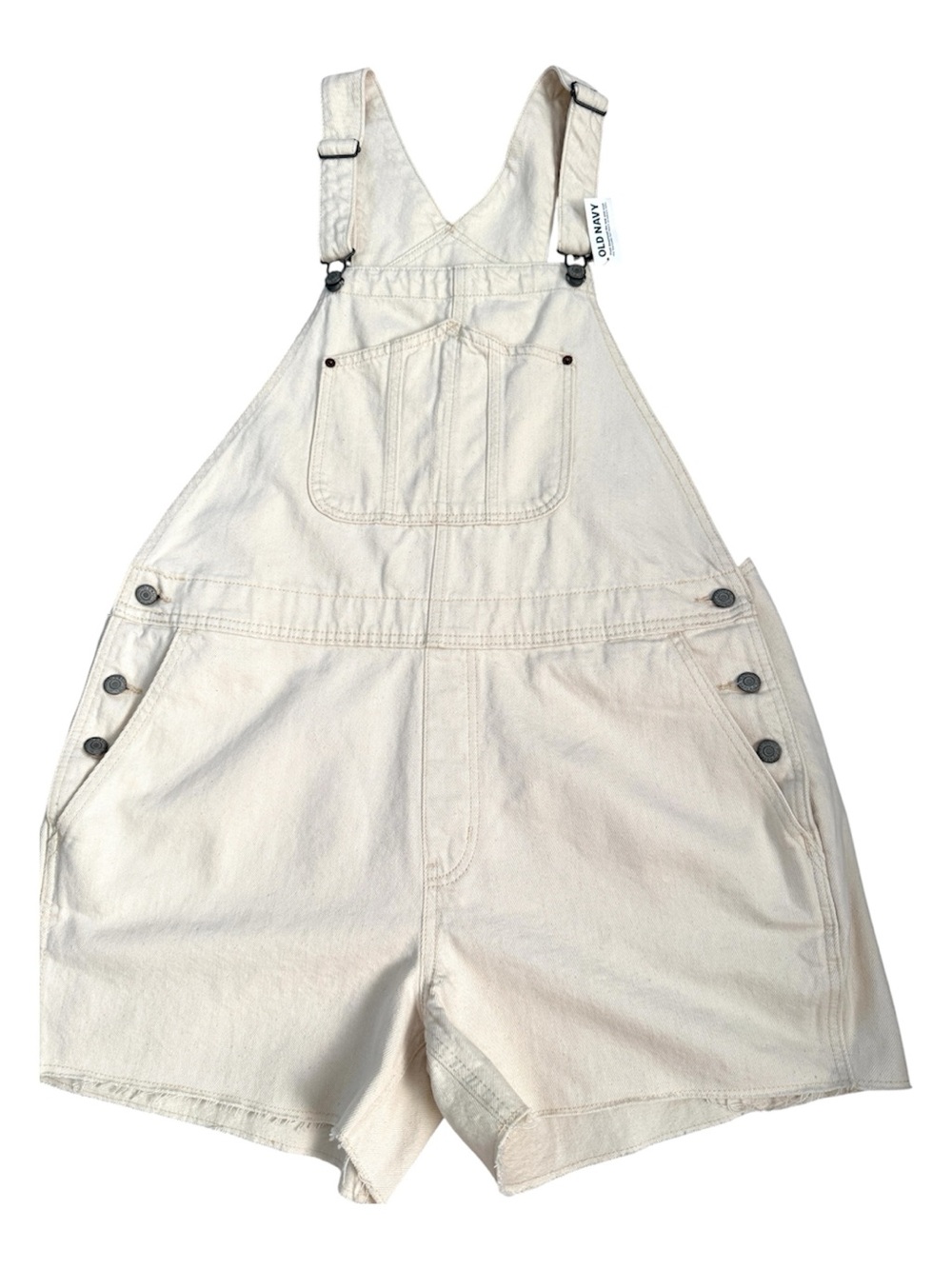 Old Navy Overalls Shorts Romper Womens XL Ivory Denim Pockets Raw Hem NWT